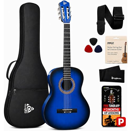 Pyle 36-Inch Beginner Classical Acoustic Guitar Kit, 3/4 Size Junior Nylon String Guitar for Kids and Adults, Includes Gig Bag, Strap, Spare Strings, Picks, Cleaning Cloth, 18 Frets, Blue Burst