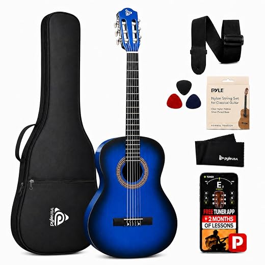 Pyle 36-Inch Beginner Classical Acoustic Guitar Kit, 3/4 Size Junior Nylon String Guitar for Kids and Adults, Includes Gig Bag, Strap, Spare Strings, Picks, Cleaning Cloth, 18 Frets, Blue Burst