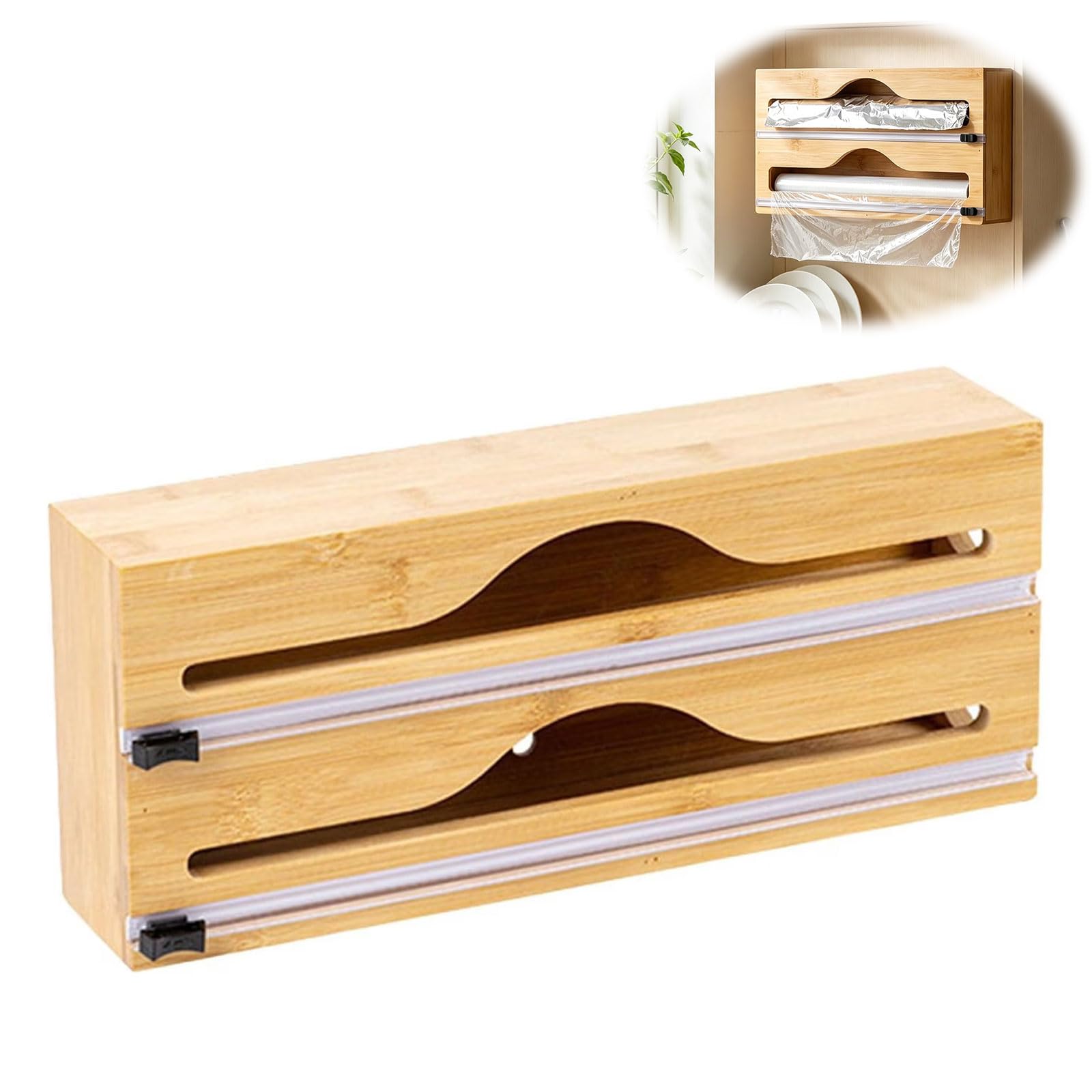 Cling Film Dispenser and Cutter - 2 in 1 Bamboo Foil and Cling Dispenser, Kitchen Wrap Organizer for 33CM Wide Rolls, Roll Organizer Holder for Aluminum Foil, Parchment Paper, Wax Paper (33.3x14x7cm)