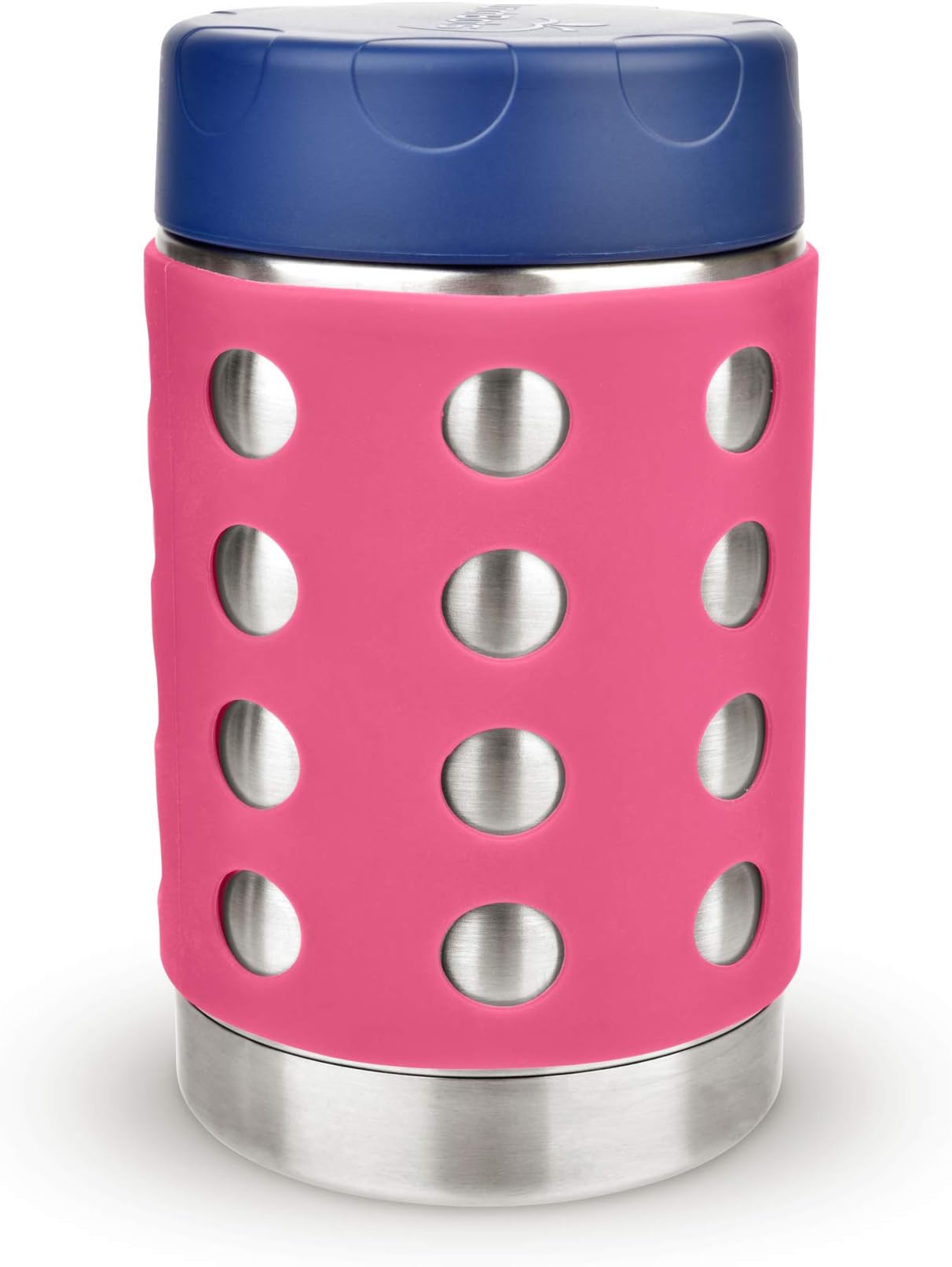 LunchBots Thermal 16 oz Triple Insulated Thermo - Hot 6 Hours or Cold 12 Hours - Leak Proof Thermo Soup Jar - All Stainless Interior - Navy Lid - Pink Dots