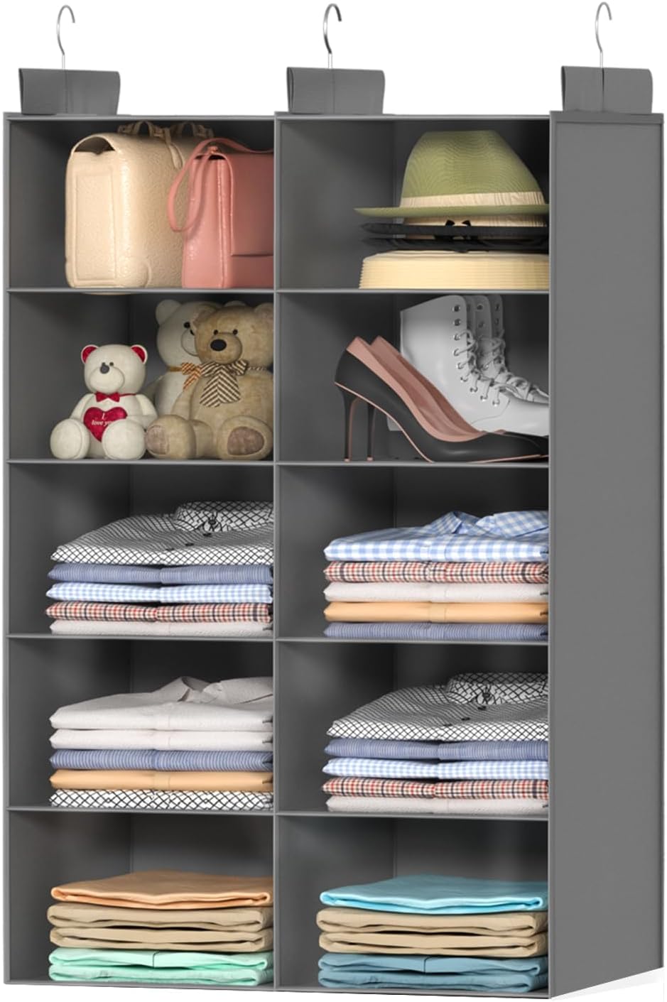 Organizador colgante de armario con 5 estantes – Almacenamiento plegable de doble fila para colgar ropa con 3 ganchos, organizador de armario que