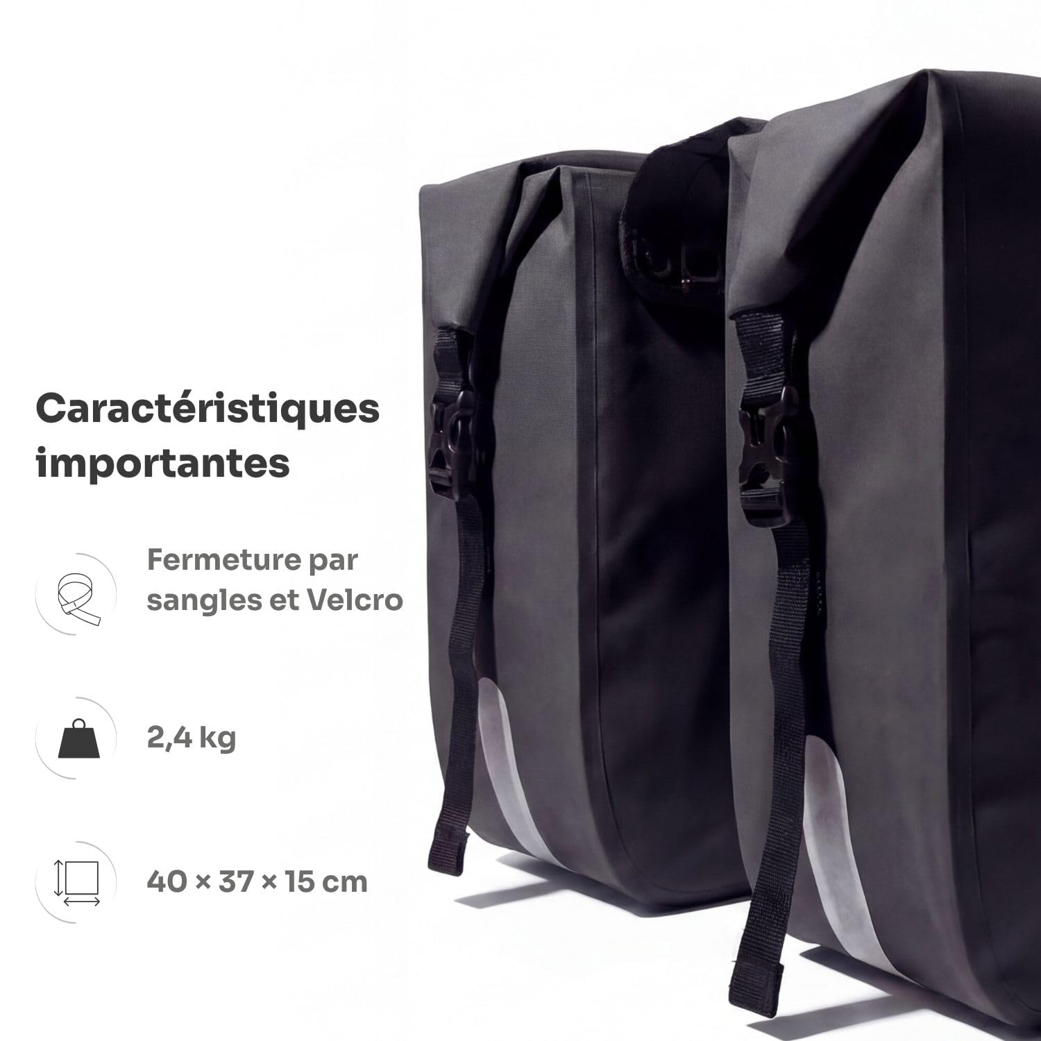 Flow Double Sacoche Vélo 48L - Noir | Porte-bagage arrière étanche | 2x24L imperméable rolltop pour vélo électrique