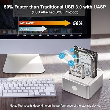 Alxum USB 3.0 to SATA Hard Drive Docking Station for 2.5 or 3.5 inches HDD/SSD, SATA I/II/III Hard Drive Duplicator Dock, Support 2X 18TB Drives & UASP with Offline Clone Function, Aluminum Silver