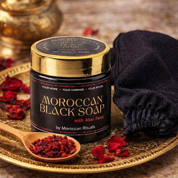 Red Aker Fassi Black Soap (200g) – Traditional Beldi Body Scrub for Smooth Skin – 100% Natural & Authentic Moroccan Hammam Treatment