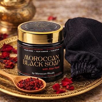 Red Aker Fassi Black Soap (200g) – Traditional Beldi Body Scrub for Smooth Skin – 100% Natural & Authentic Moroccan Hammam Treatment