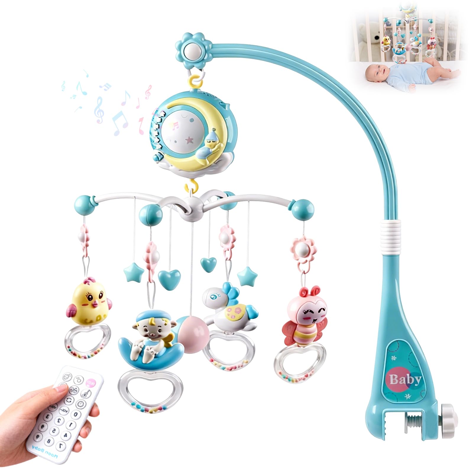 Mobile Musical Lit Bébé, Mobile Musicale pour Lits avec Veilleuse, Projecteur et 150 Berceuses Mobile Lit Bebe Hochets Rotatifs Suspendus Boîte à Musique Télécommandée Jouet Cadeau pour Nouveau Née