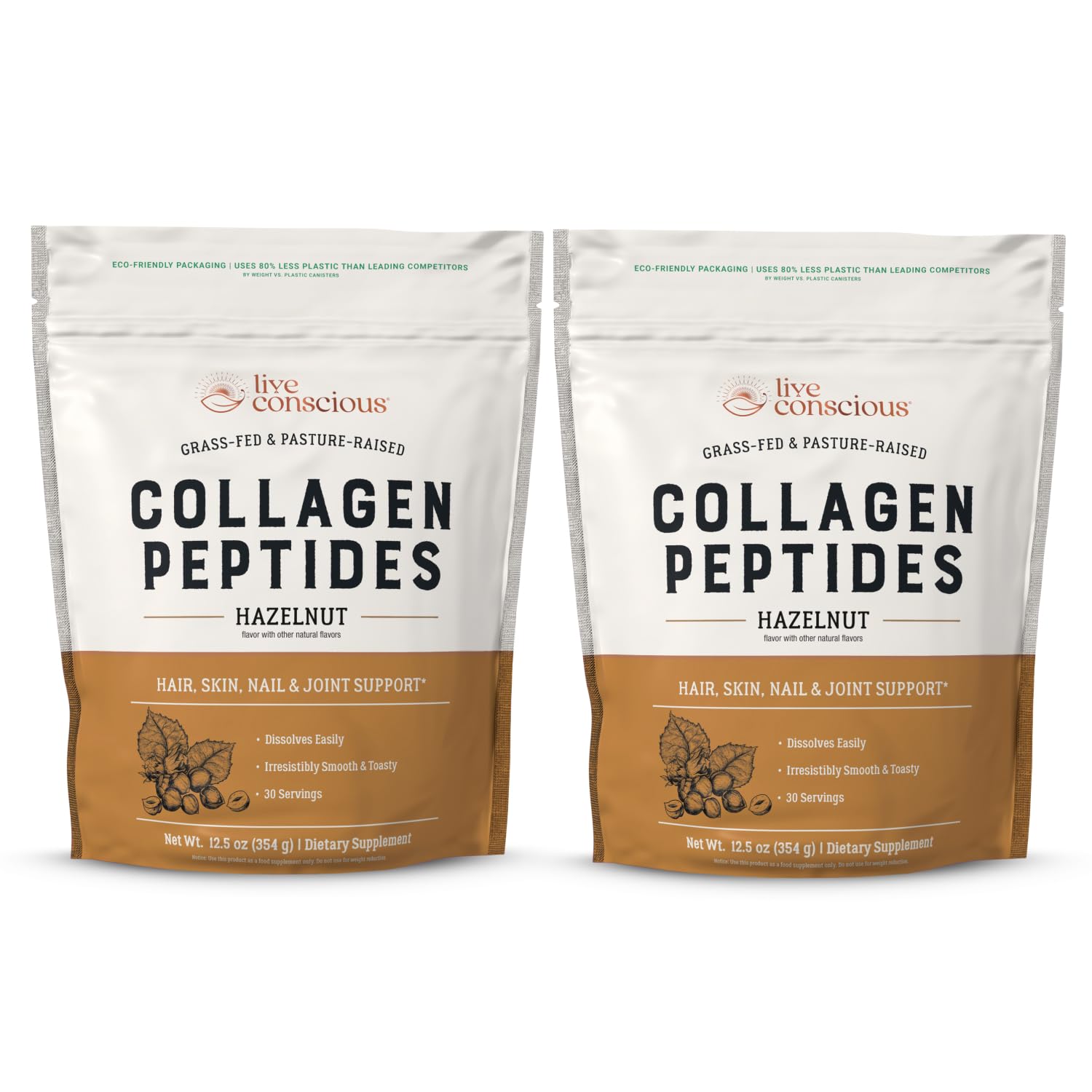Live Conscious Collagen Peptides Powder - Hazelnut Flavor, 2-Pack | Hair, Skin, Nail, & Joint Support - main product image