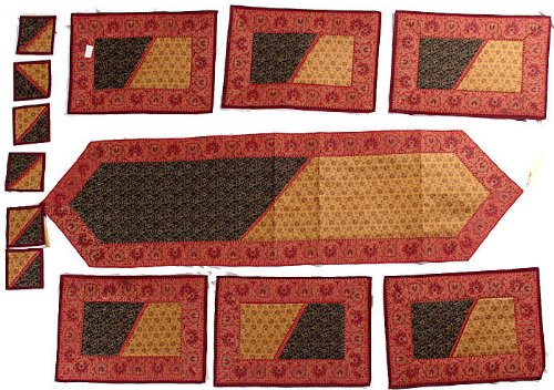 Exotic India Thirteen Piece Tri-Color Banarasi Dinner Set with Golden Thread Weave and Brocaded Bord