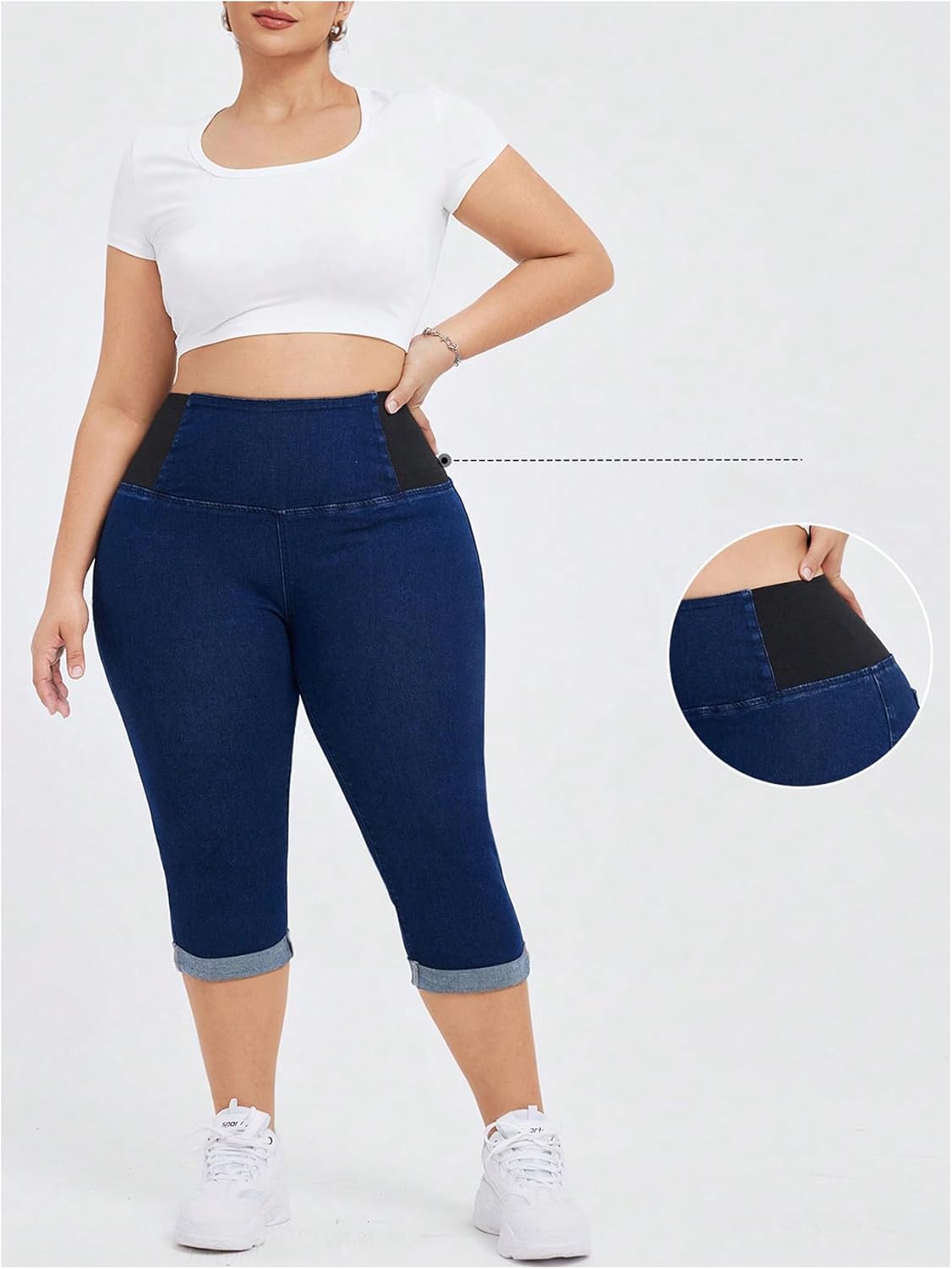 Verdusa Women's Plus Size Capri Jeans High Waisted Tummy Control Stretchy Fitted Denim Pants