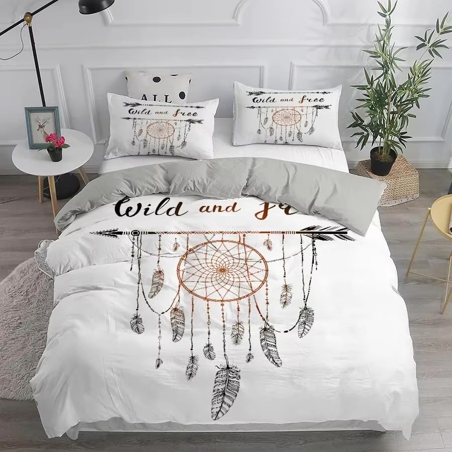 Attrape-Rêves Housse de Couette 200x200 Bohème Aztèque - Parure Lit Plumes Fille