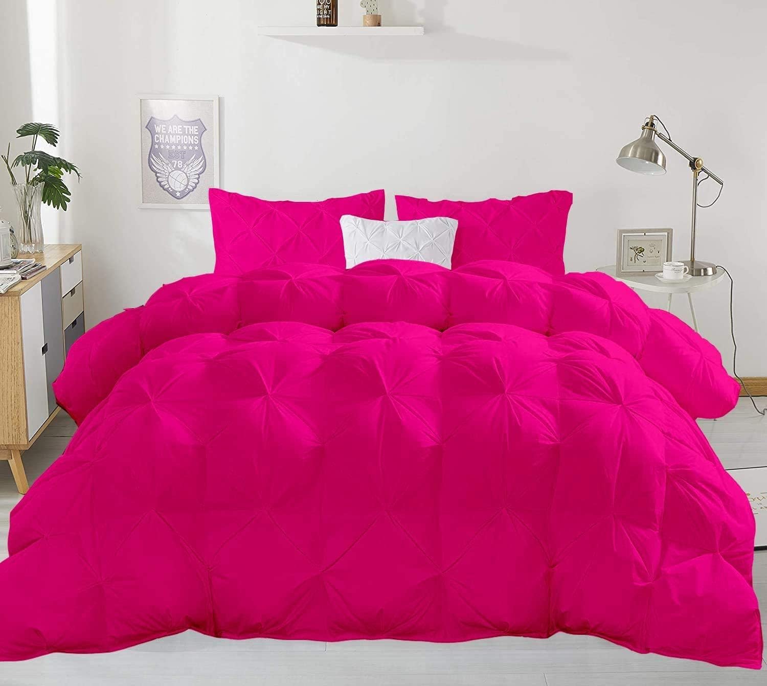 All-Season 600 GSM 3 Pieces Quilted Pinch Pleated Fluffy Comforter Set (Comforter + 2 Pillow Cases) 800 Series 100% Cotton Duvet Insert (Super Queen, Hot Pink)