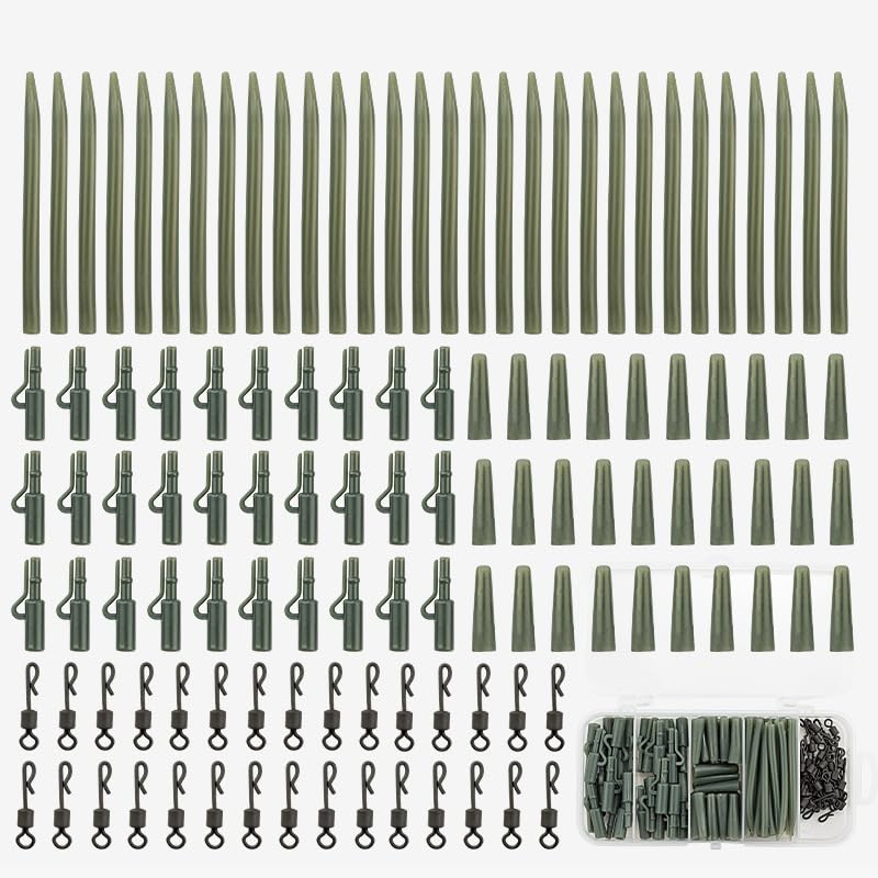 Funver 60 Pcs Carp Fishing Safety Lead Clips Kit with Anti Tangle Sleeves Tail Rubbers & Quick Change Swivels for Small Medium Weights, Fishing Tackle Set Complete Action Pack in Storage Box (Green)