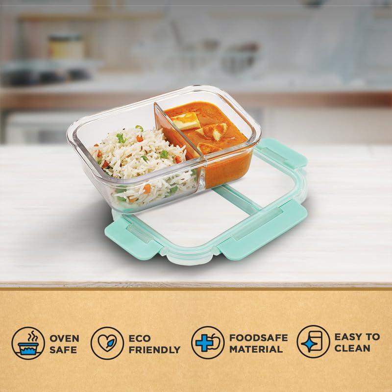 Allo Juego de regalo apto para alimentos, 5 piezas (2 separadores rectangulares de 580 ml, 2 cuadrados de 310 ml, 1 redondo de 390 ml) | Recipiente de vidrio apto para horno a 450 °C con cerraduras