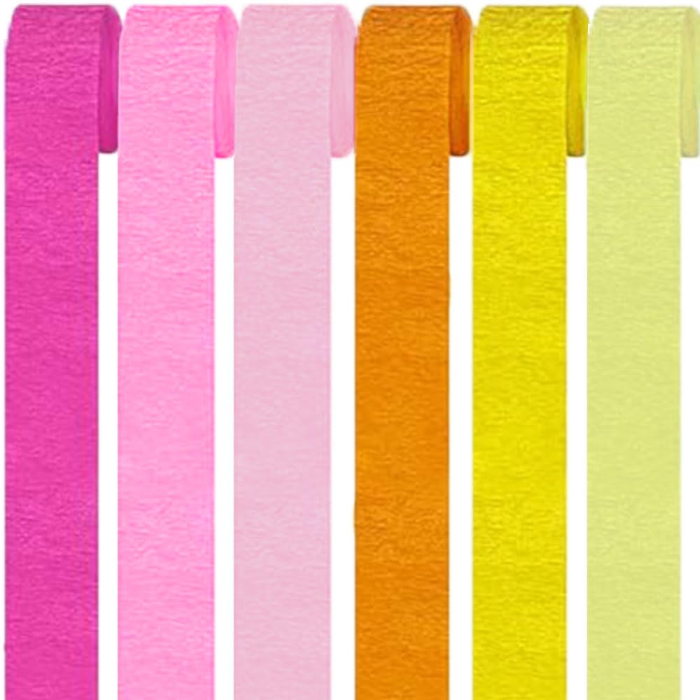 6 Rolls Crepe Paper Streamers, Pink+Yellow Crepe Paper Roll Streamer, 4.5cm*25m Paper Craft Crepe, Background Snakes Paper for Birthday, Party Decorations, Wedding Decorations (1.8 Inch x 82 Ft/Roll)