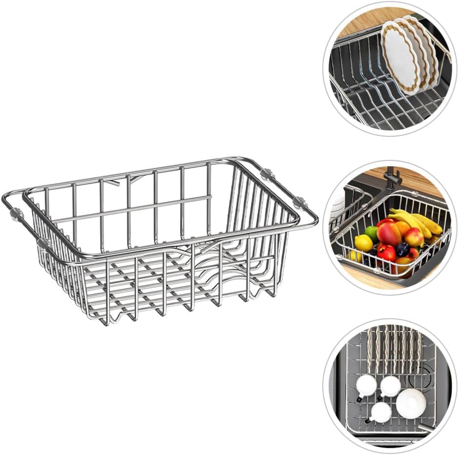 Zerodeko Sink Dish Dry Sink Dish Drying Racks Expandable Dish Drainer Racks Stainless Steel Utensil Holders Over Sink Dish Rack Cutlery Basket Shelf for Kitchen Counter Vegetable b