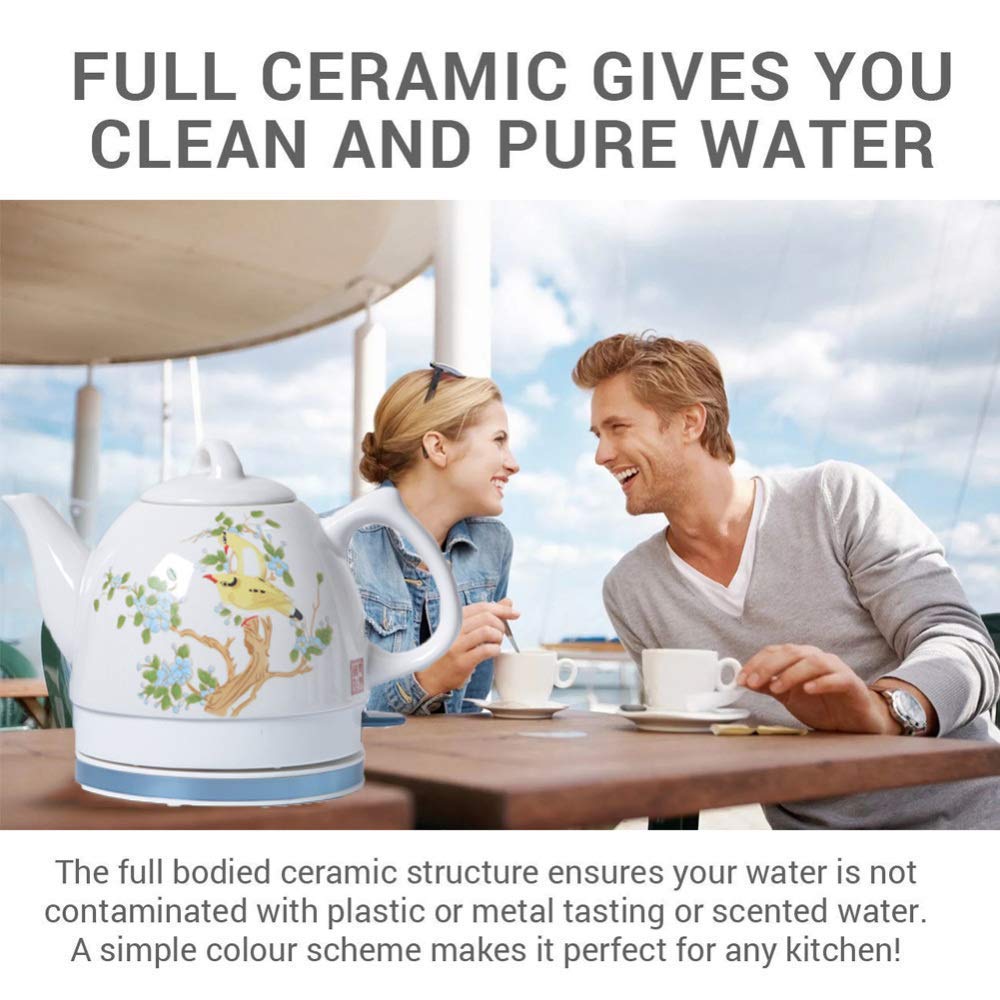 Bollitore Elettrico Portatile Bollitore in Ceramica Teiera-Brocca Retrò da 1 Litro, Base Rimovibile, Protezicontro L'Ebollizia Secco-1000W