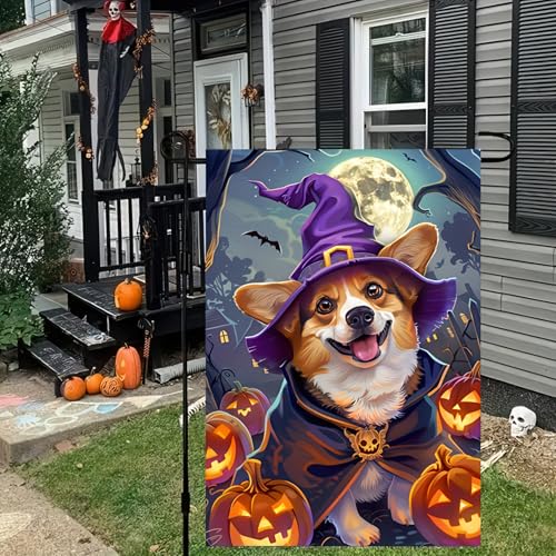 Image of Halloween Decorations Outdoor Garden Flag 12x18 Inch Double Sided Corgi Dog Witch Hat Pumpkin Fall Decor Yard Lawn Porch Patio Halloween Garden Flags