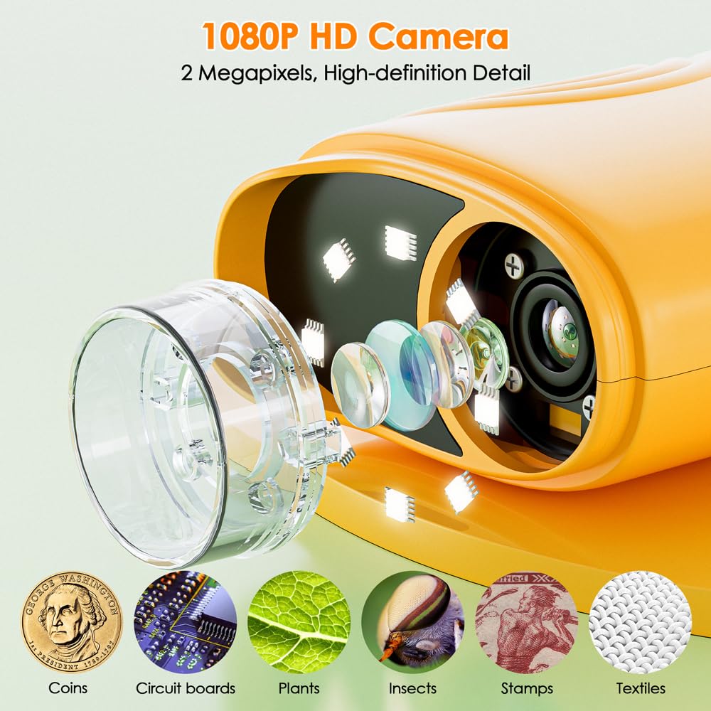 Microscopio Digitale per Bambini, Temodu da 2,0 Pollici Microscopio Digitale Bambini, con 8 luci LED Regolabili 1000X, Capodanno per dai 3 agli 12 anni (382-Yellow)