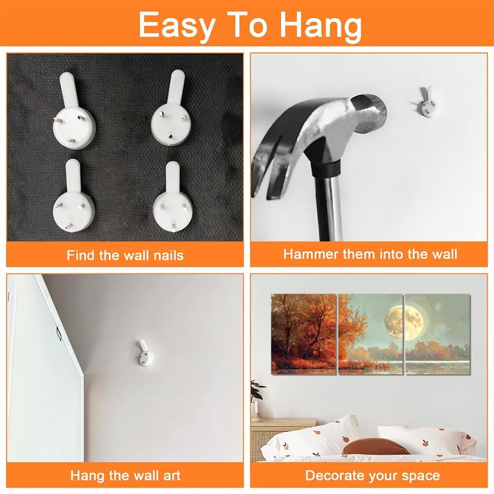 Wandbilder Mond 60x80cm, 3Pcs Leinwand Bilder Groß Wanddeko Wohnzimmer, Herbst Leinwand Bilder mit Rahmen, Moderne Wandbilder Wohnzimmer Poster Set mit Haken, Wanddeko Schlafzimmer Poster Set, -1954