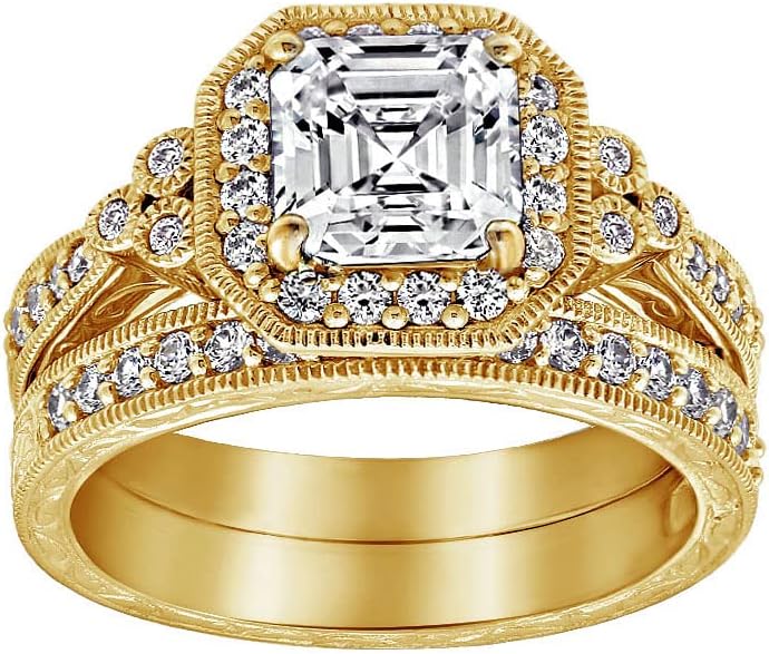 Amazon Essentials Platinum or Gold Plated Sterling Silver Antique Ring set with Asscher-Cut Infinite Elements Cubic Zirconia