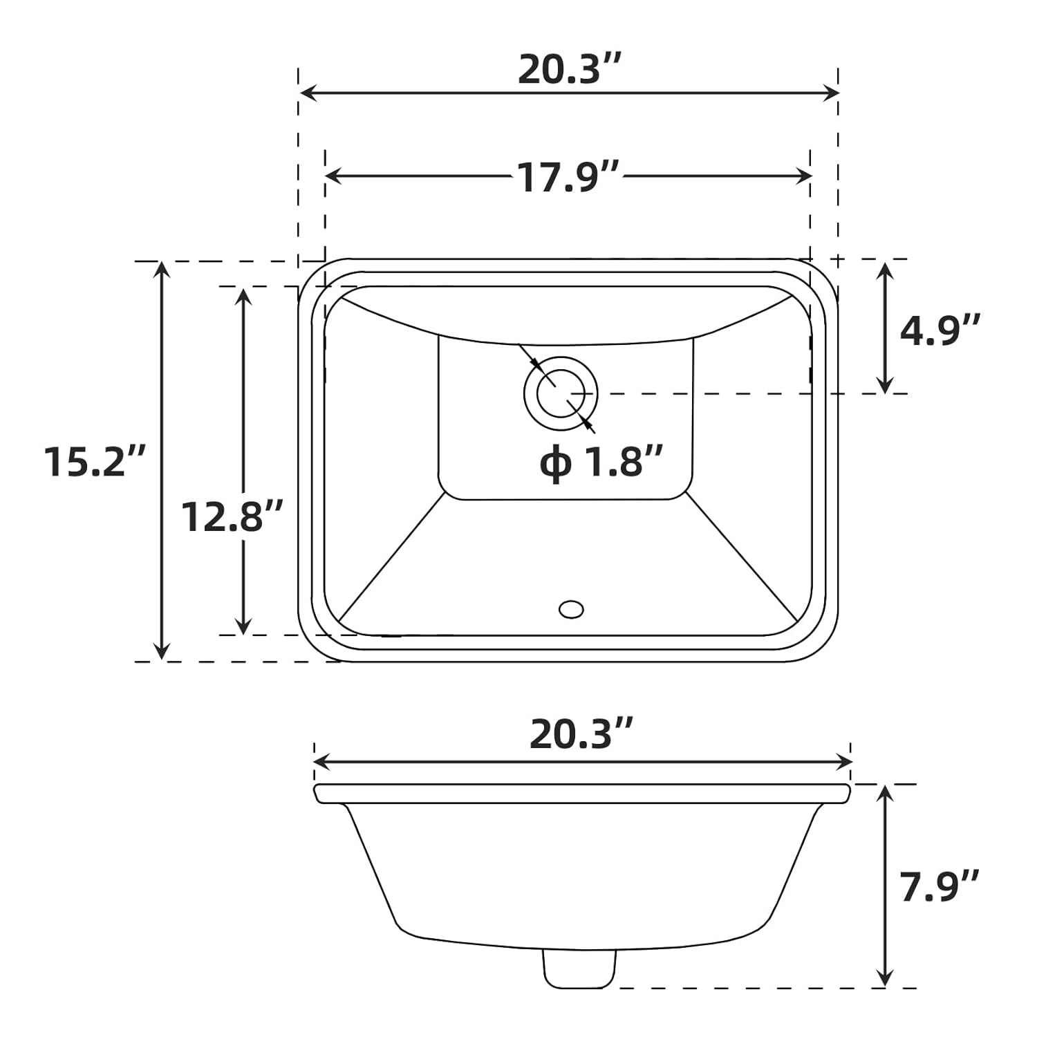 Undermount Bathroom Sink Rectangular, 20'' x 15''Vessel Sink White Porcelain Rectrangle Undermount Bathroom Sink White Ceramic Lavatory Vanity Vessel Sink with Overflow