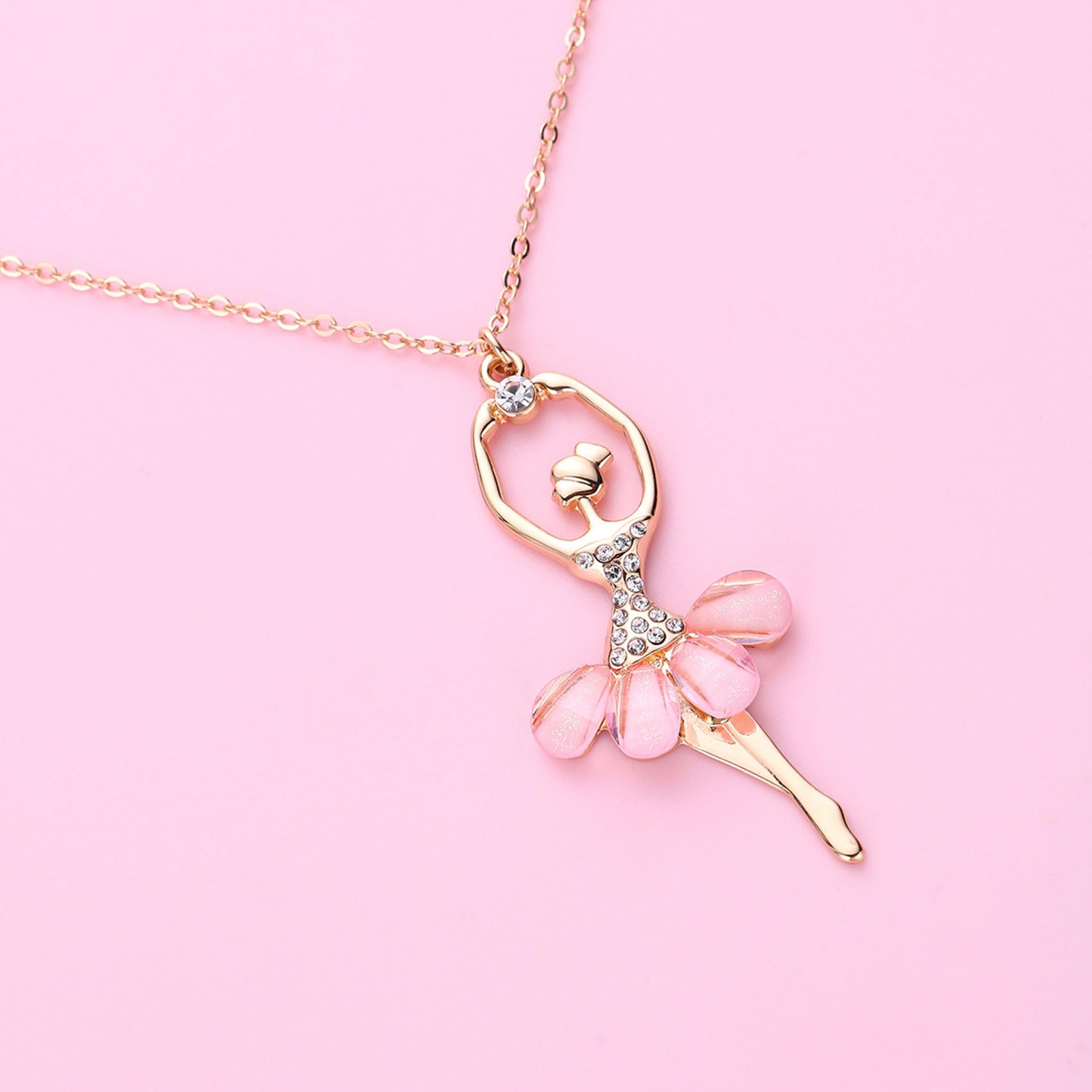 CERSLIMO Girls Necklaces - A Girl Dancing Ballet Dainty Necklace with White Cubic Zirconia & Pink Petal Skirt, Elegant Cute Necklace for Girls Kids Jewellery Gifts Birthday Christmas