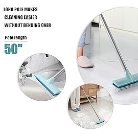 BOOMJOY Floor Scrub Brush with Long Handle, 2 in 1 Scrape and Brush, Stiff Bristles for Cleaning Bathroom, Patio, Garage, Kitchen, Deck, Tile, Blue