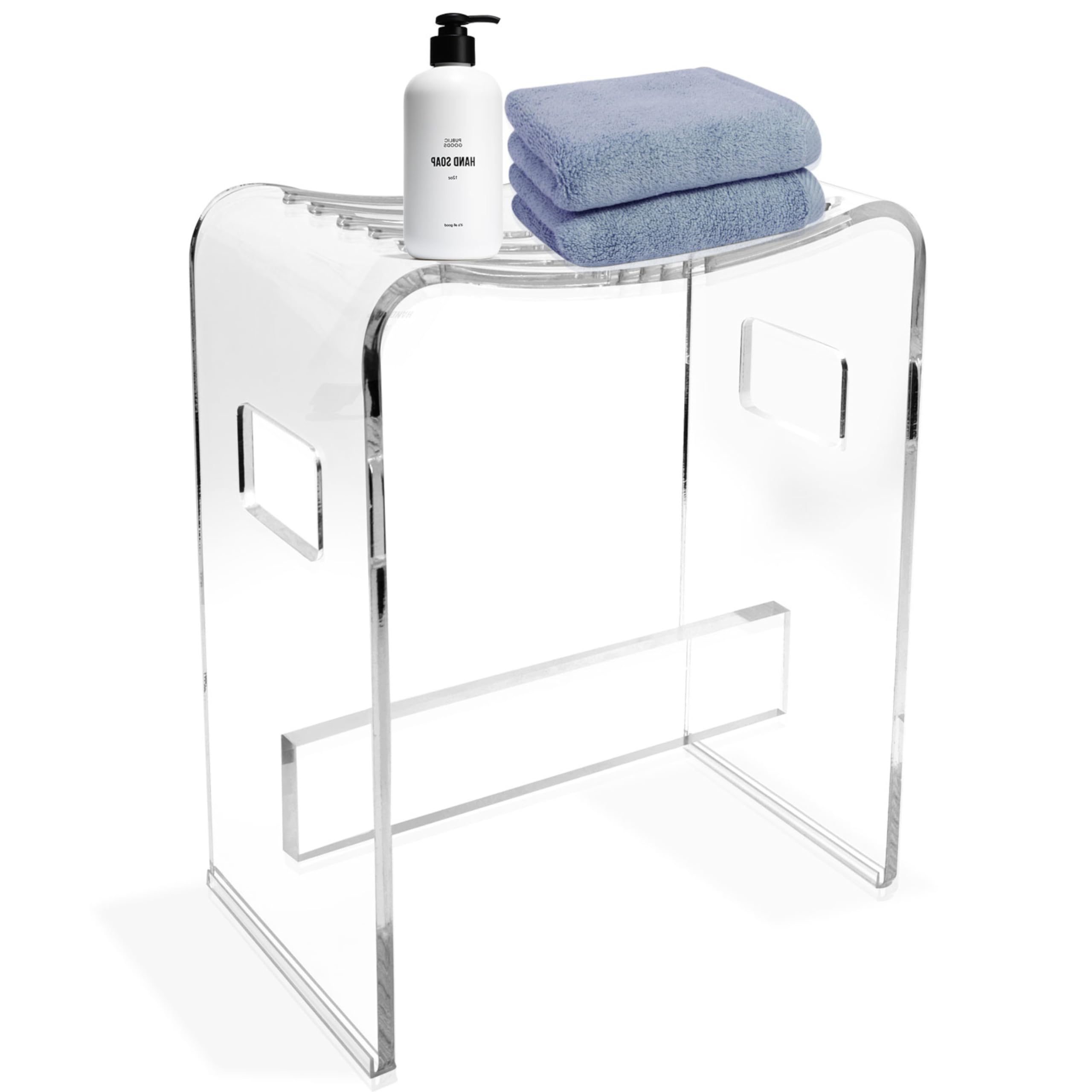 StarK Duschhocker modern aus klarem Acryl – Stabiler Duschstuhl bis 120 kg belastbar | Design Badhocker mit Ablauf-Schlitzen & Griffen | rutschfest, hochwertig & ideal für Dusche