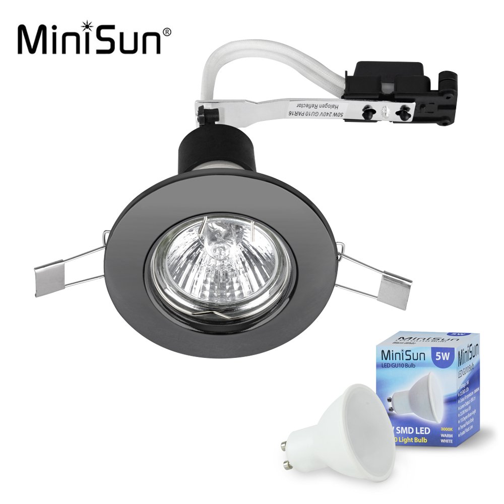 MiniSun Black Chrome GU10 Ceiling Downlight Fitting - Complete with 1 x 5W GU10 Warm White LED Bulb