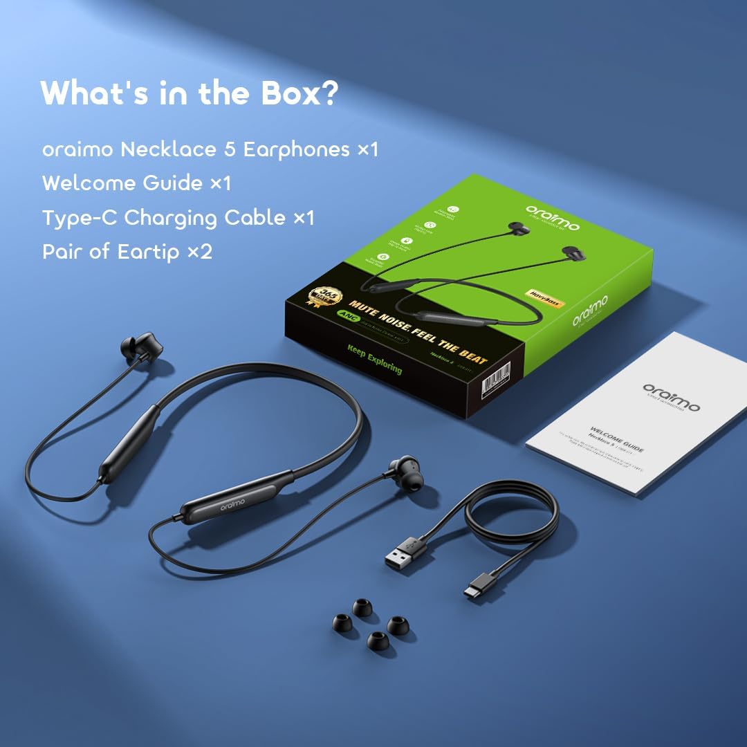 Graphic illustrating 40-hour long playtime for the Oraimo Necklace 5 earphones, with ANC off and ANC on durations.