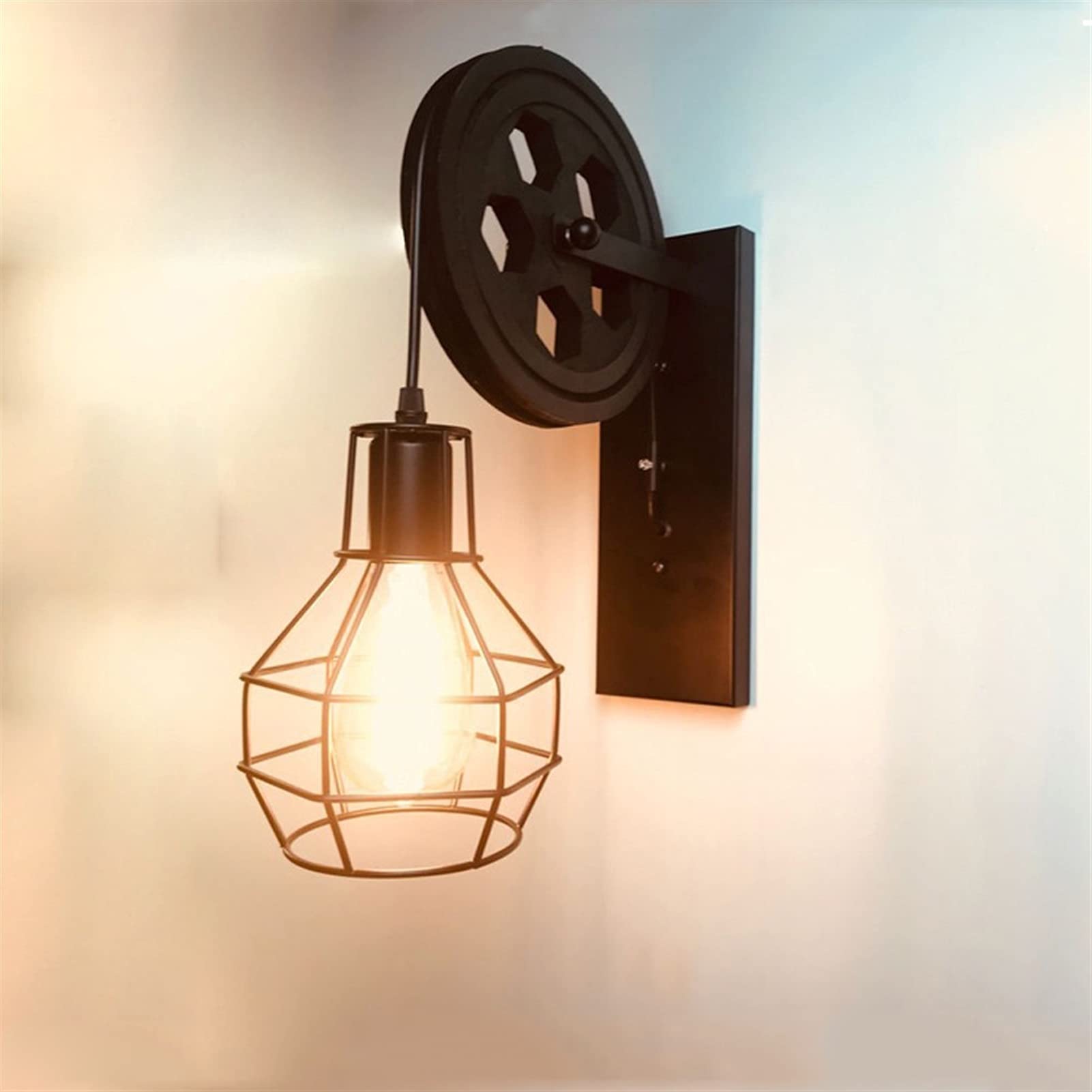 HYJAUSXB Barn Light Wall Mounted Lifting Pulley Lamp丨Retro Industrial Corridor Sconce丨Aisle Steampunk Light丨Loft Single Head Metal Cage Lamp Lighting Fixture