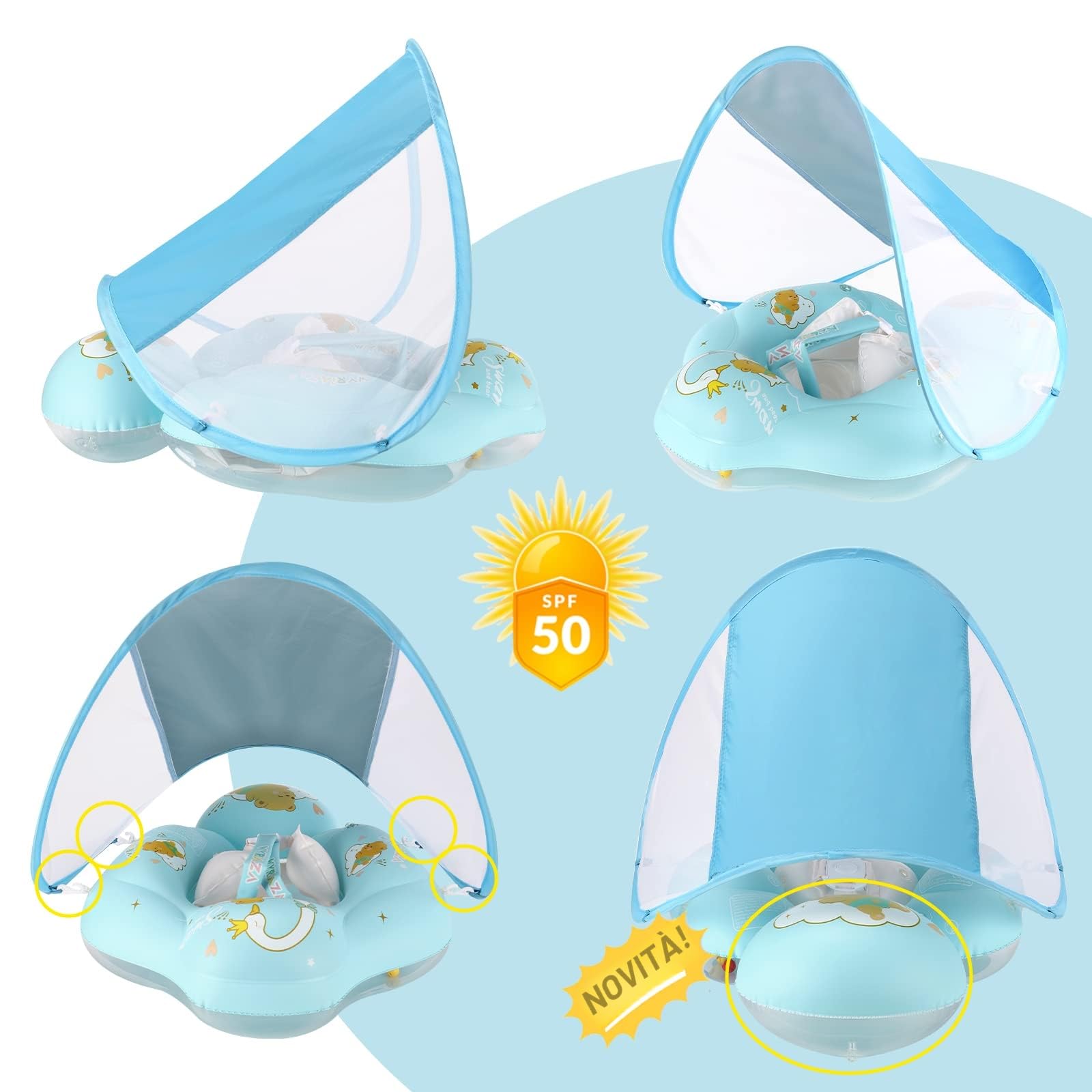 WYRIAZA Salvagente Neonato con Parasole SPF 50+ | Ciambella Neonato Mare Aggiornato con Sfera di Equilibrio per Evitare Il Ribaltamento | Salvagente Neonato 5-16Kgs