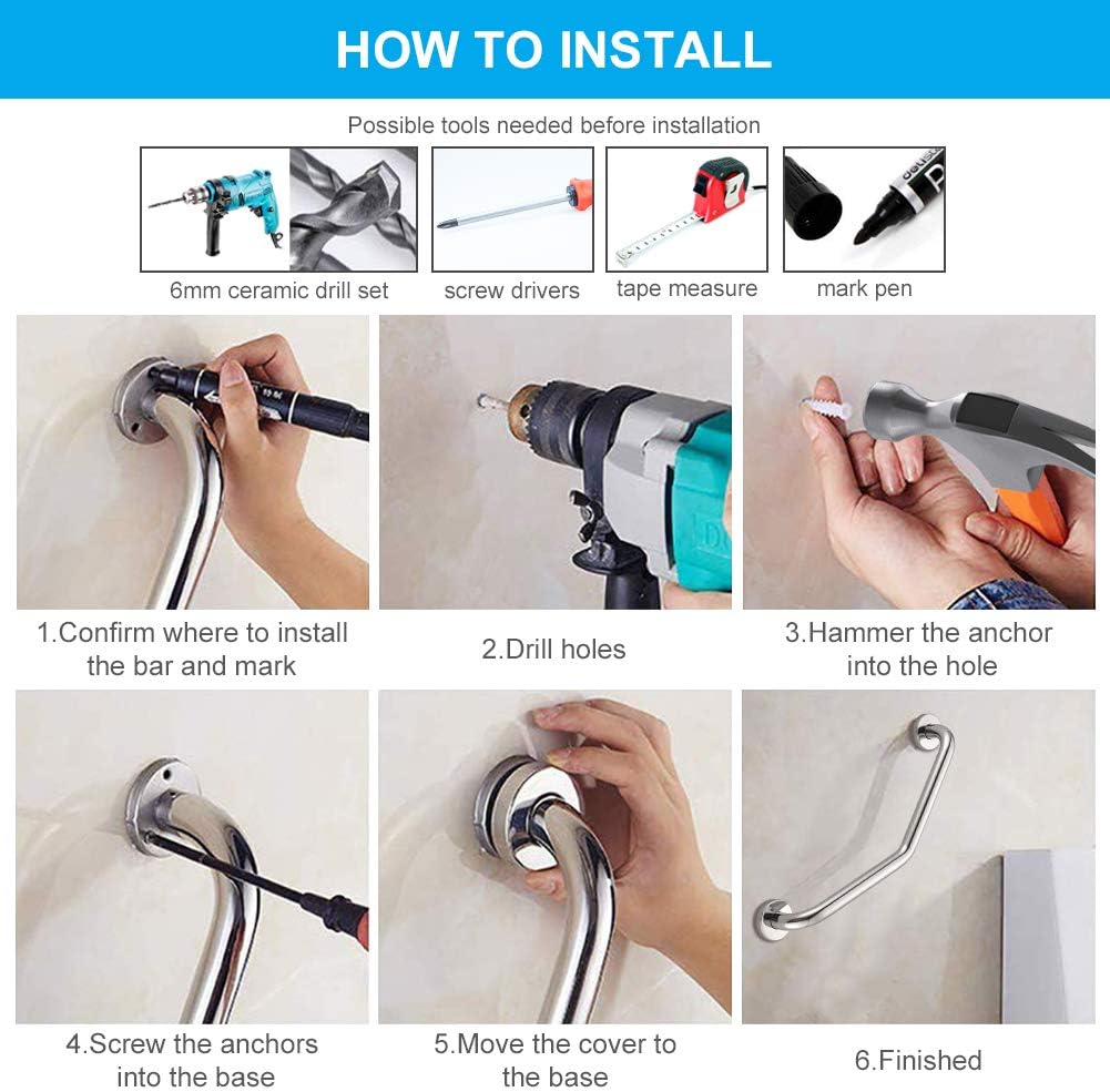Six-step visual guide for installing the grab bar, showing marking, drilling, hammering anchors, screwing anchors, moving the cover, and the finished installation.