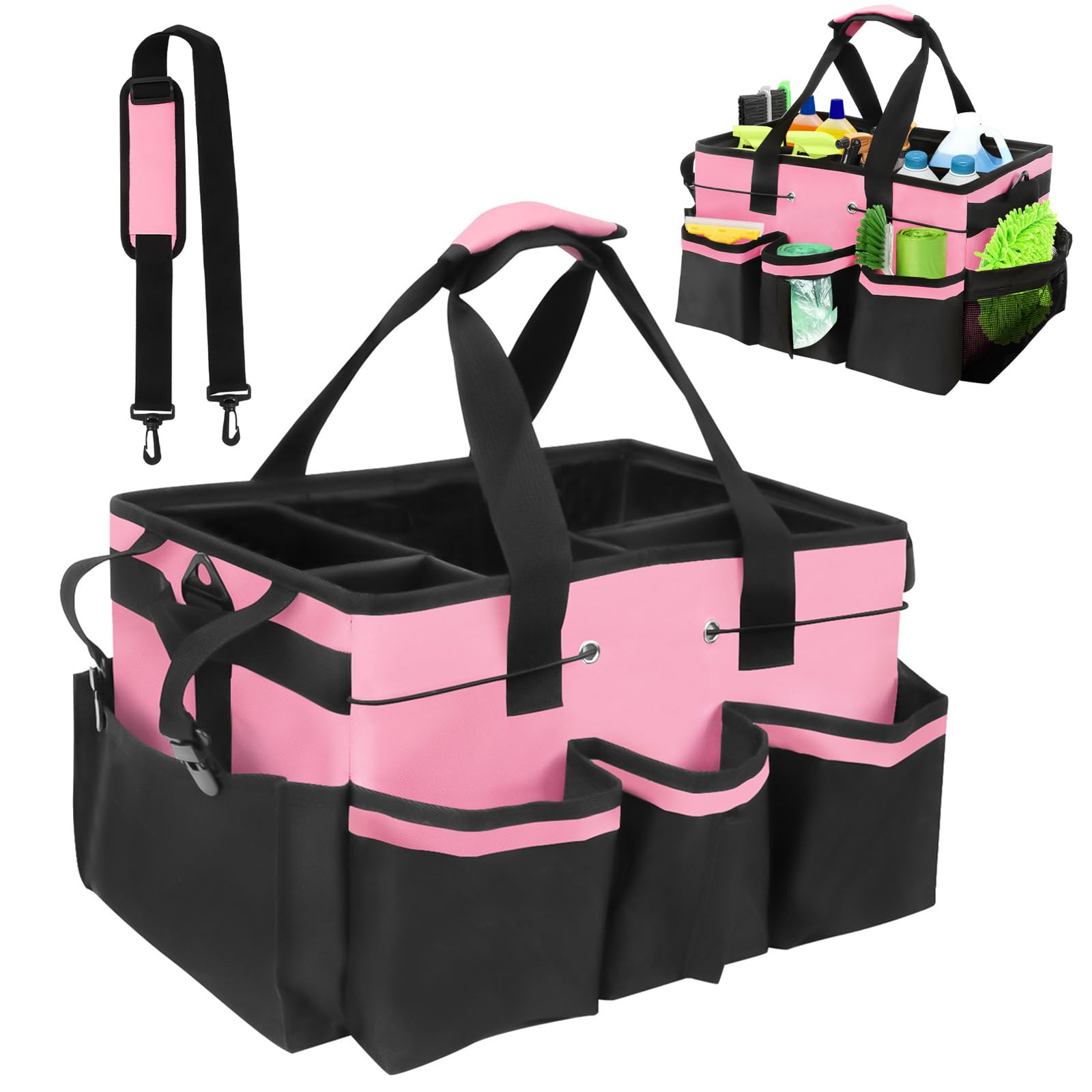 Ruaizel Pink Cleaning Caddy Organizer With Handle, Waterproof 900D Oxford Foldable Cleaning Bag, Multi Compartment Cleaning Tote Bag With Removable Dividers For Home, Car, Garden (Pink)