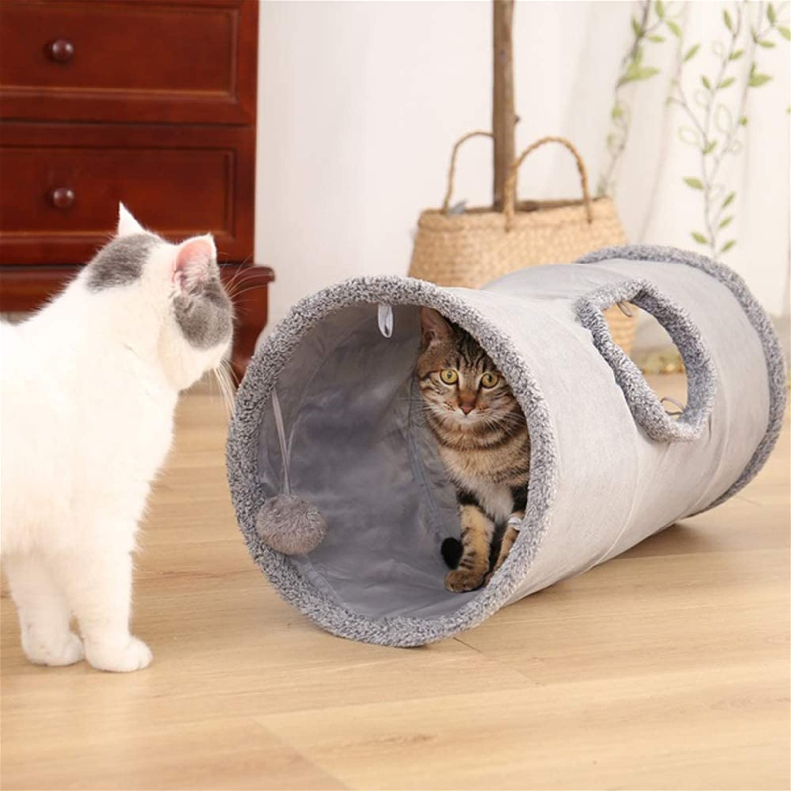 Faltbar Katzentunnel Katzenspielzeug mit Ball Spieltunnel Knisternder Rascheltunnel Aus Wildleder für Alle Katzen Kaninchen Welpen und Kleine Tiere,Mit Hängendem Lustiger Katzenstock(Grau)