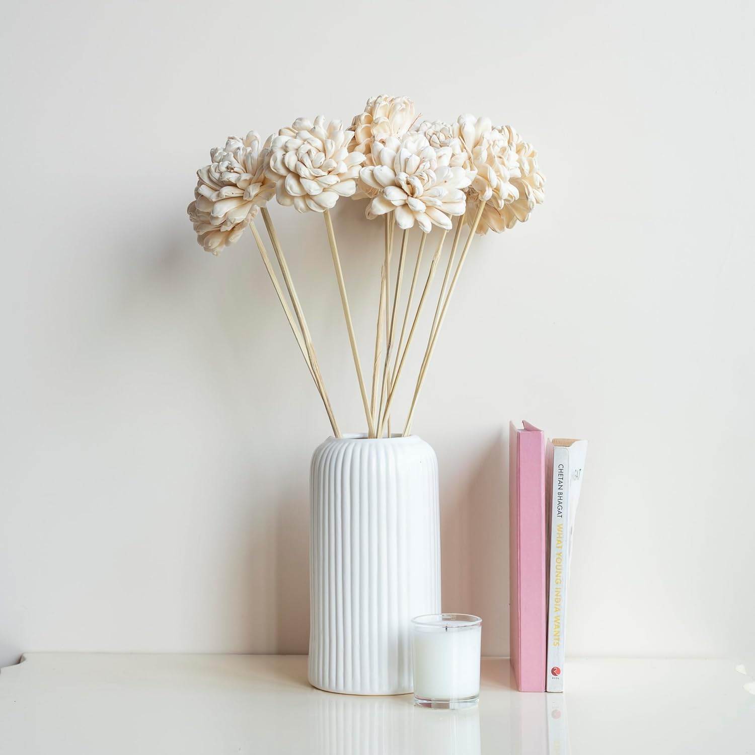 White Sola Fancy Flower 8 cm On Stem (10 Sticks) |Natural Dried |Eco-Friendly Flowers for Home,Office,Bedroom,Table Decoration and Craft Items Corner (Without Vase Pot) 1