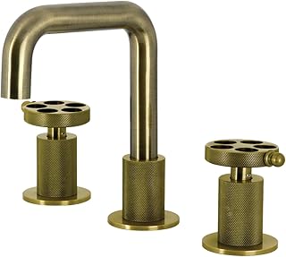 Kingston Brass KS1413RKZ Wendell Two-Handle 3-Hole Deck Mount Widespread Bathroom Faucet with Knurled Handle and Push Pop-Up Drain in Antique Brass