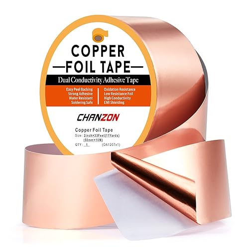 Chanzon Cinta de lámina de cobre de 1.969in, 2 pulgadas x 33 pies, adhesivo conductor de doble cara para blindaje EMI y RF, eléctrico, disuasorio de