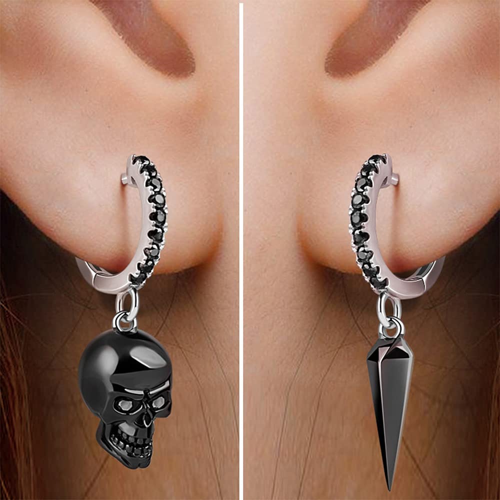 GNOCE Set di Orecchini Teschio e Pugnale in Argento Sterling Placcato in Nero Orecchini Pendenti Teschio con Amore e Zirconia Cubica Nera Orecchini Pendenti di Moda Regalo di Gioielli per Donne Uomini