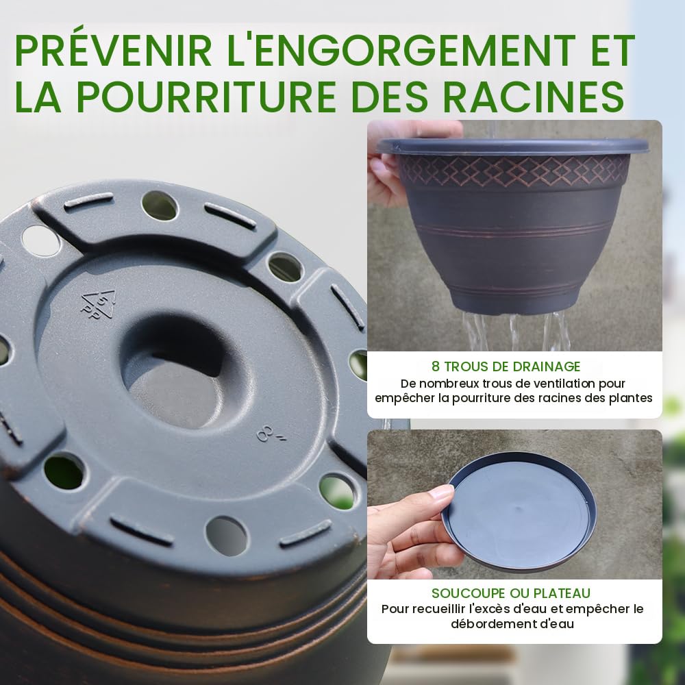Lot De 6 Pots De Fleurs En Plastique 20 Cm – Avec Soucoupe, Drainage, Intérieur/extérieur, Résiste Intempéries