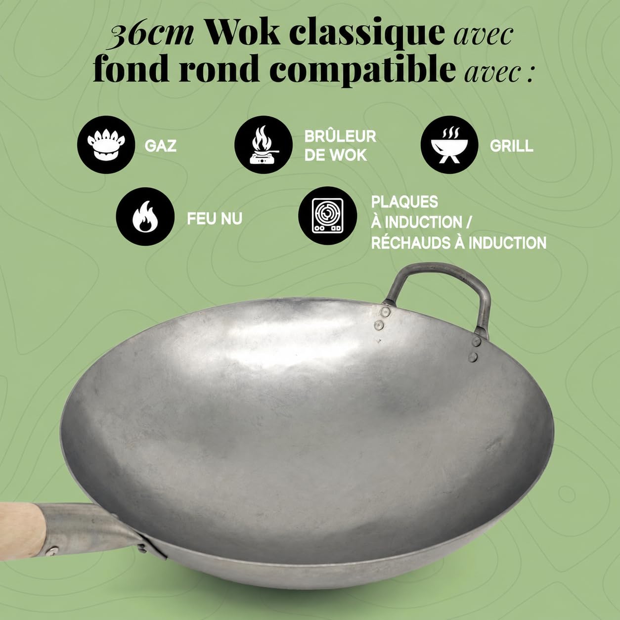 Homira Wok en Acier Carbone de 36 cm, Martelé à la Main, Fond Rond et Manche en Bois – Poêle Wok Traditionnelle sans PFAS pour Gaz, Barbecue, Brûleur à Wok et Cuisine en Extérieur (Fond Rond)