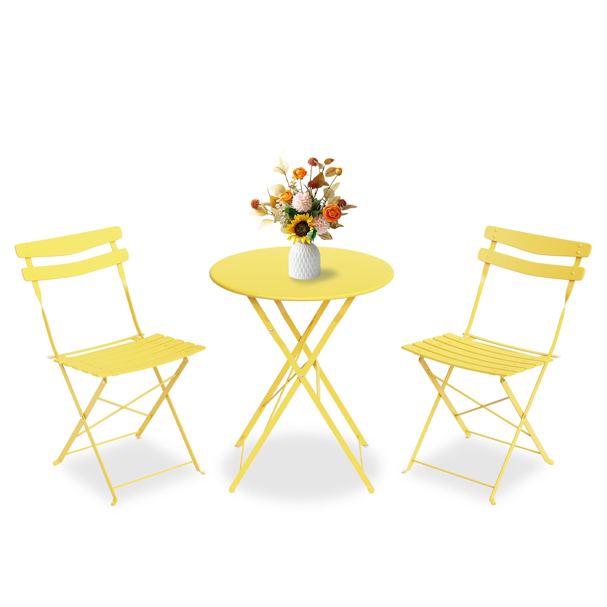 Aptliton 3 Piece Folding Metal Bistro Set,Outdoor Table and Chairs Set, Space Saving Patio Furniture with Anti-Slip Feet, No Assembly Garden Balcony Bistro Set,Yellow