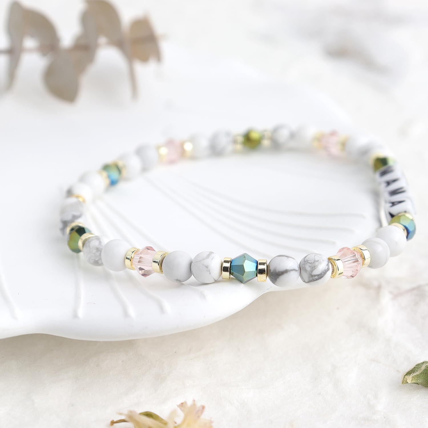 White Beaded Stretch Bracelets for Women, Stackable Love Mom Natural Stone Bead Bracelet - Image 6