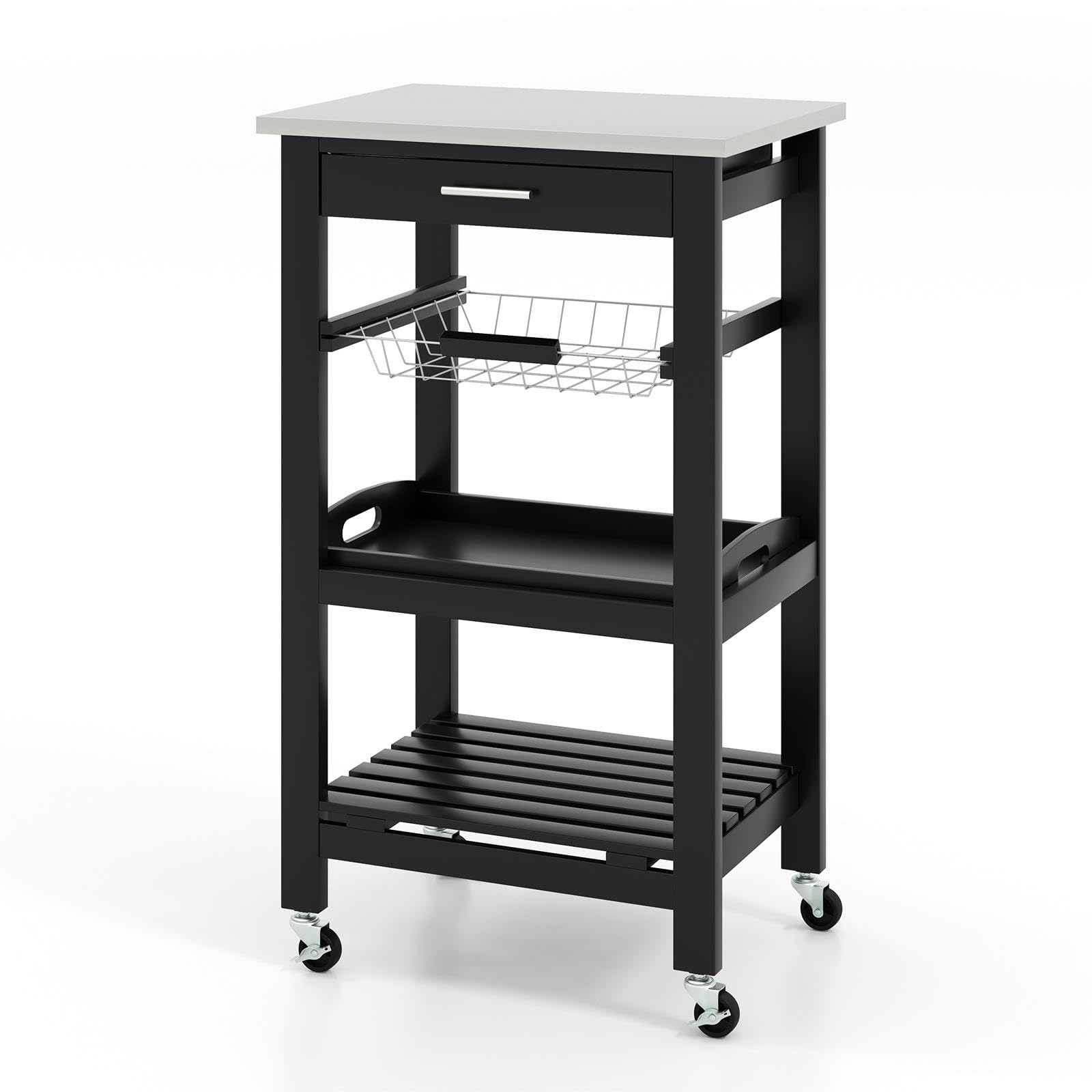 Isla de cocina rodante con ruedas con bandeja extraíble, cesta de malla de acero inoxidable, cajón de encimera y estante de listones, carrito de servir para comedor y sala de estar, color negro