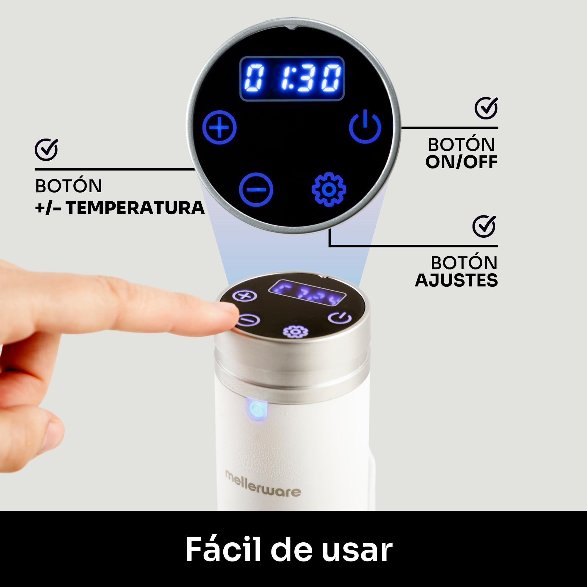 Mellerware - Sous Vide Roner Cheffy! 1000 W | Cocina Baja Temperatura al vacio | Pantalla digital | Temperatura hasta 90ºC | Temporizador | Maquina profesional en Acero Inoxidable | Blanco