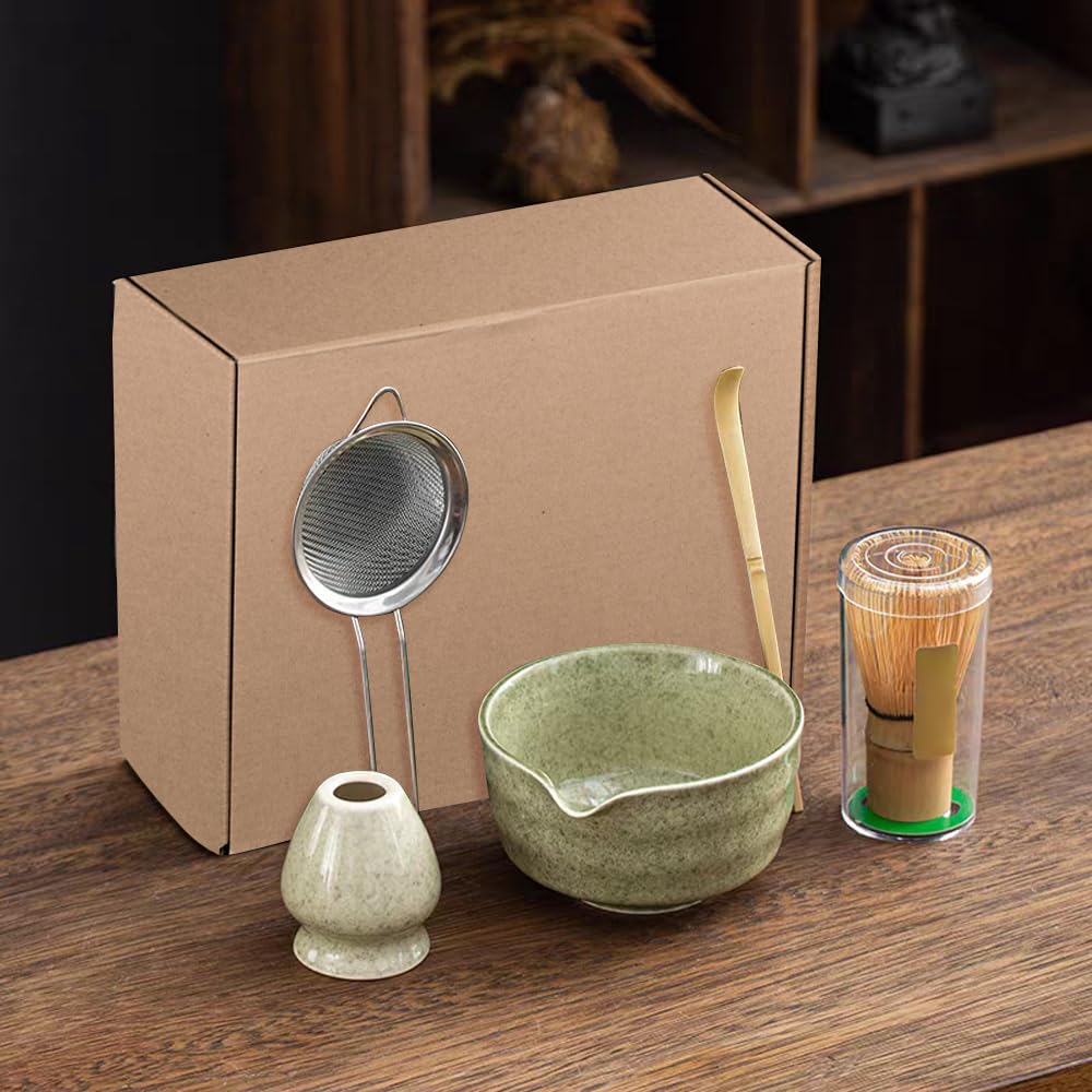 Matcha Set Grün,Macha Tea Set mit MatchaSchale Löffel Sieb Whisk Besen und Matcha Besen Halter,Ceremonial Matcha Tee Set Matcha Zubehör,Macha Set mit Schneebesen Klein (Matcha Grün)