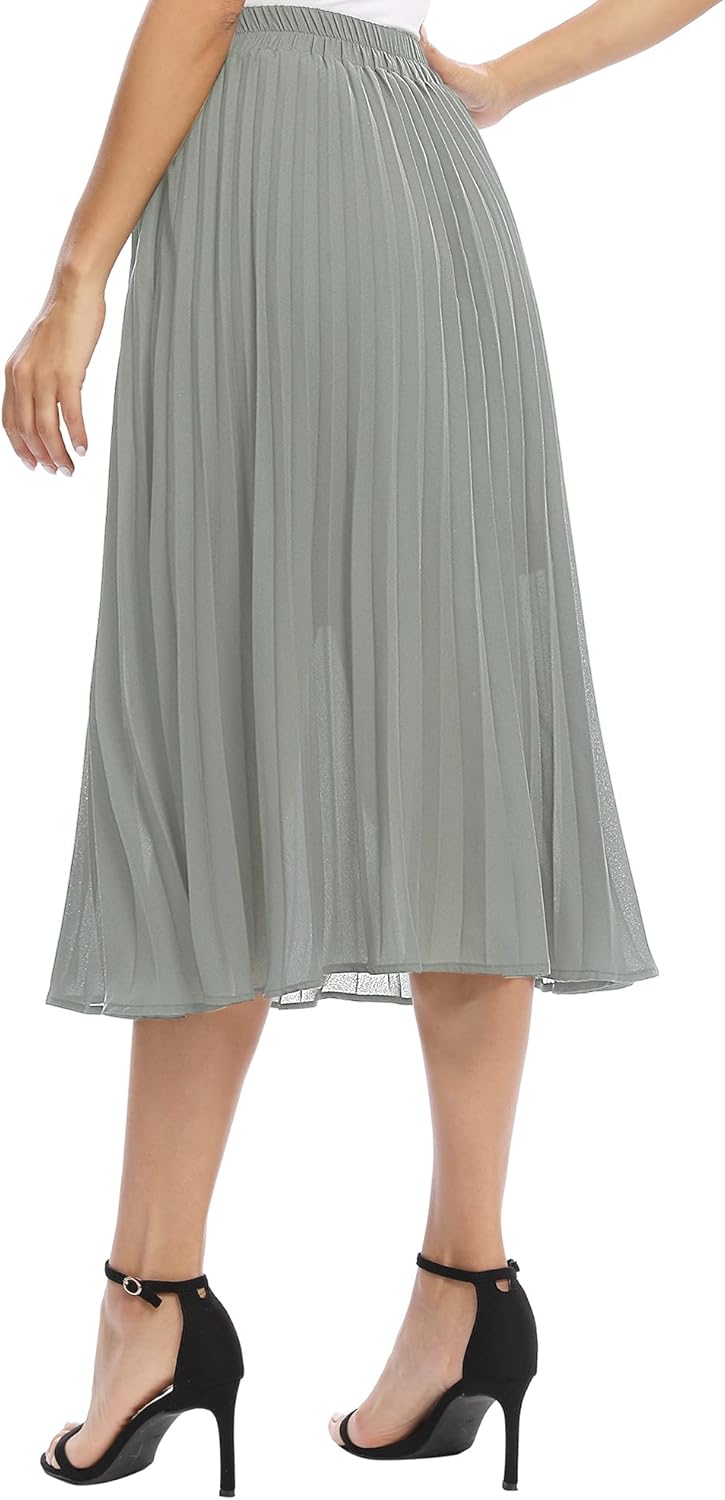 EXCHIC Women's Casual Chiffon Elastic Waist A-Line Pleated Midi Skirt with Pockets - Image 6