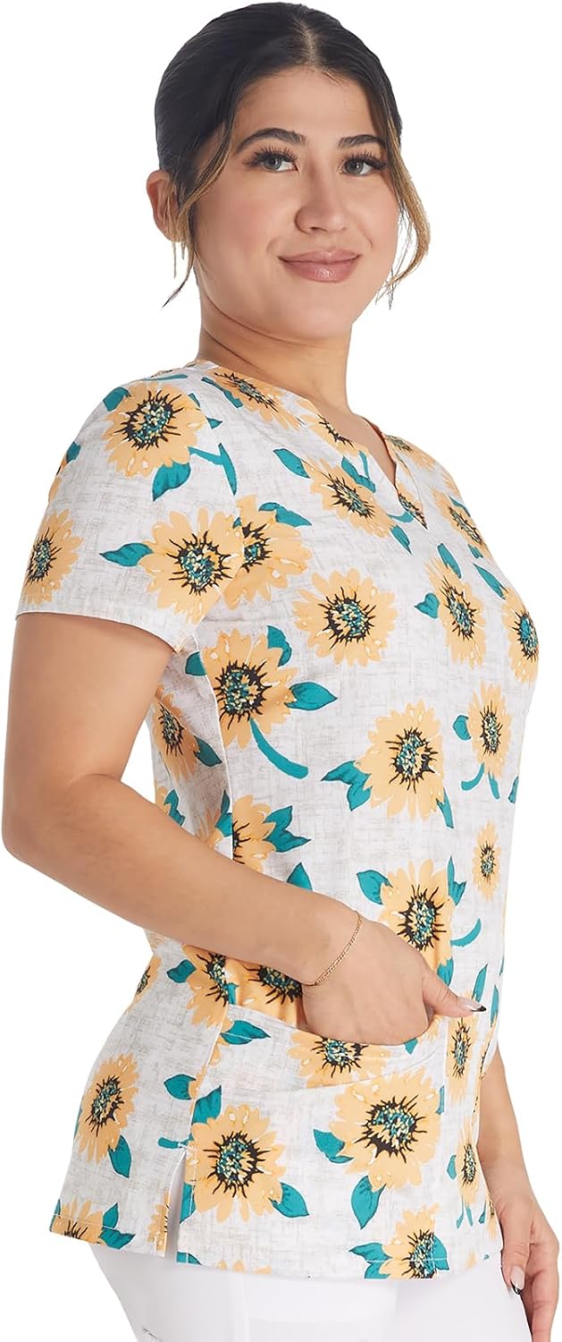 Dickies EDS Women Scrubs Top V-Neck Print DK717, XL, Sunflower Power, X-Large