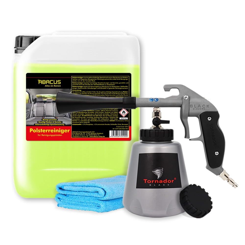 ABACUS® Tornador Set, Tornador Black Z-020RS mit bewährtem Polsterreiniger & Textilreiniger 5L + Mikrofasertücher, Polsterreinigungsset, Textilreinigungsset, Reinigungspistolen Set (7424.2)