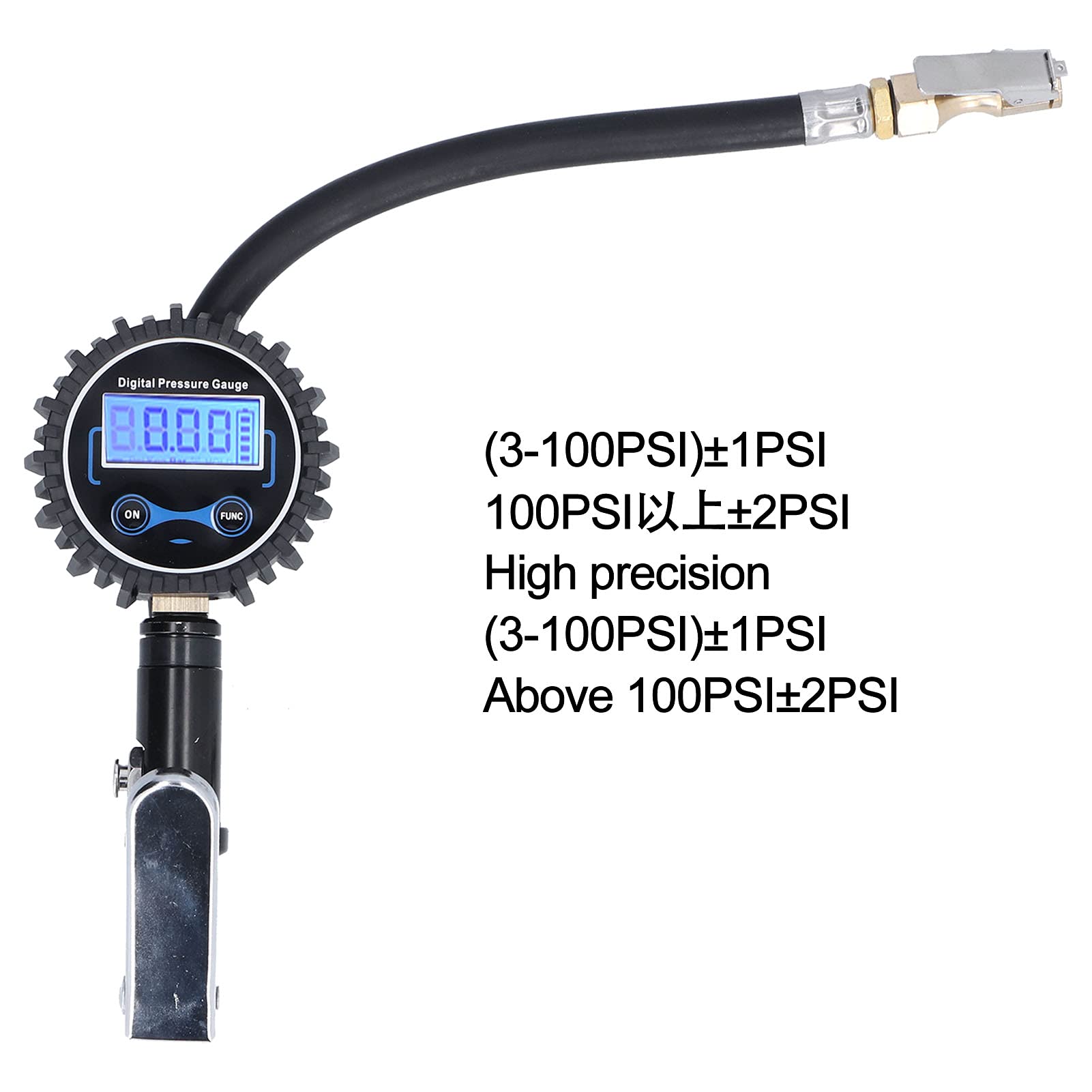 Manometro per Gonfiaggio Pneumatici 300PSI, Display LCD Digitale con Retroilluminazione 4 unità di Pressione PSI BAR KPA KG CM² per Auto, Moto, Bici, Camion